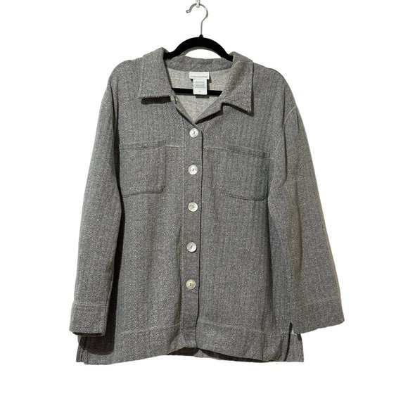 Soft Surroundings size Petite Large gray herringbone print cotton blend shacket - Picture 1 of 6